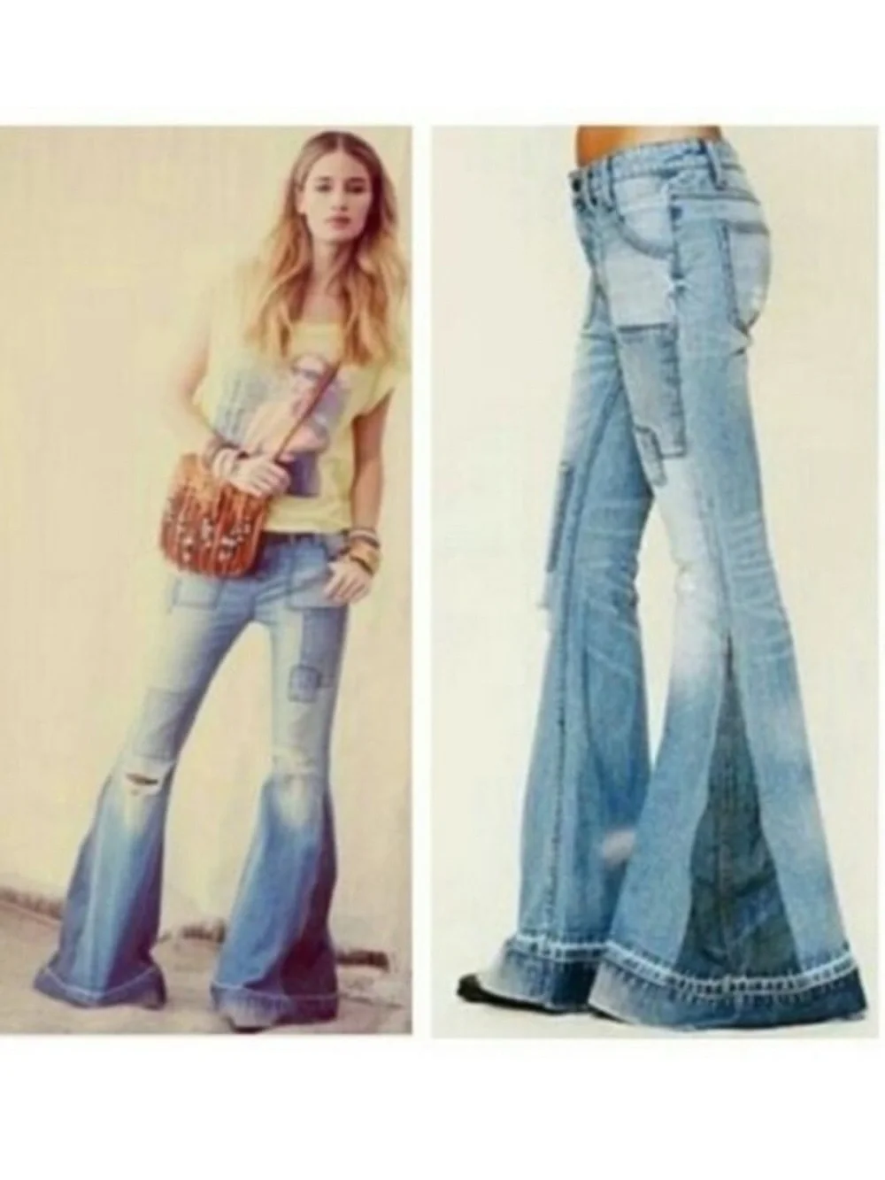 Rare Free People Festy Super Flare Patchwork Jeans in Selena Wash Size 26